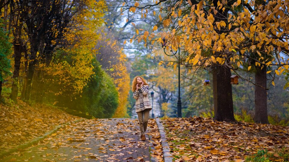 Woman enjoys autumn stroll under golden trees on leaf-covered path at scenic hotel garden.